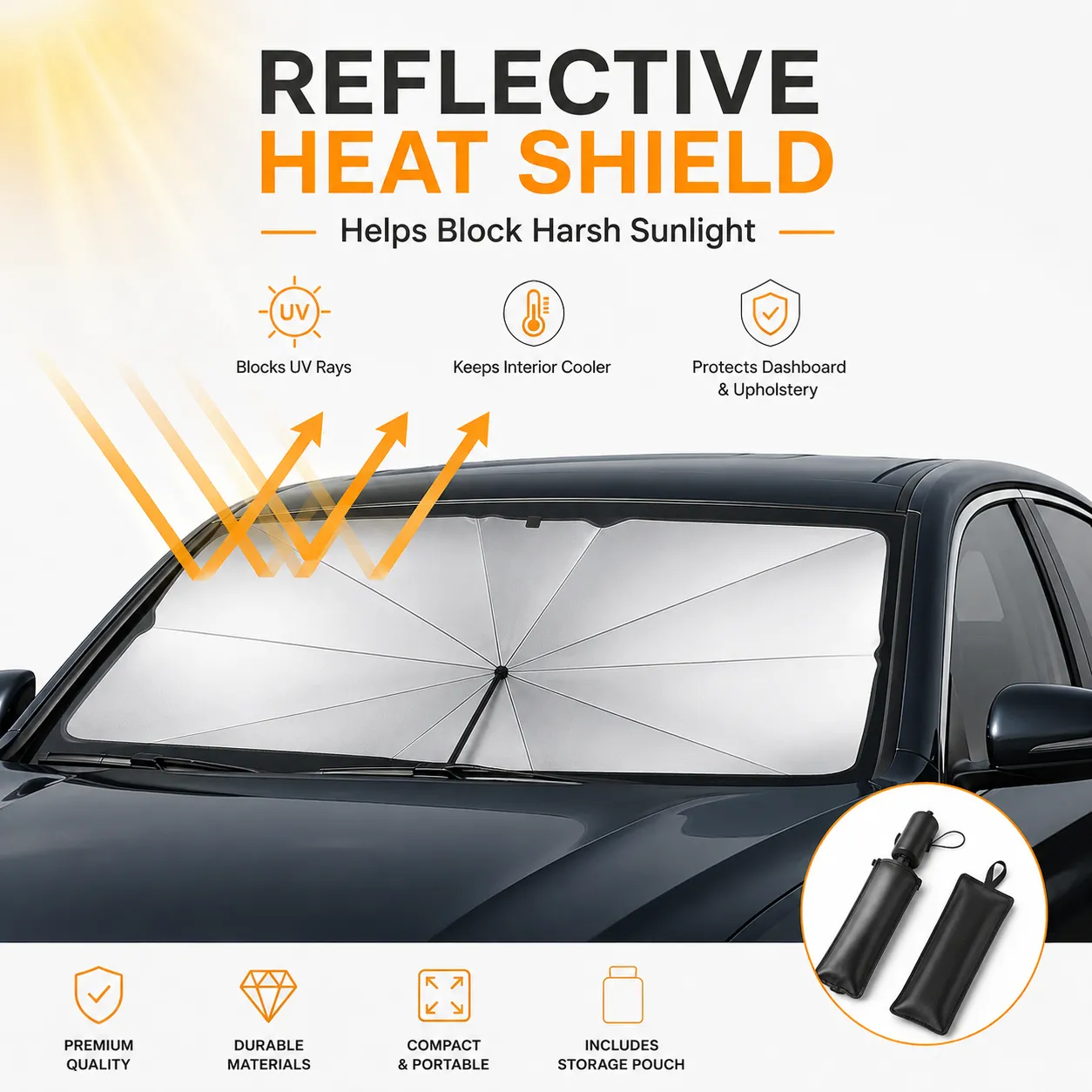 Foldable Windshield Sunshade with Storage Pouch, Silver