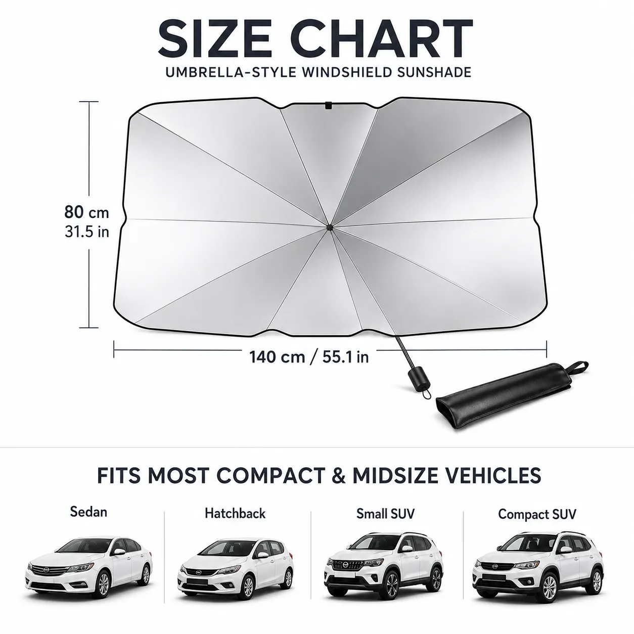 Foldable Windshield Sunshade with Storage Pouch, Silver