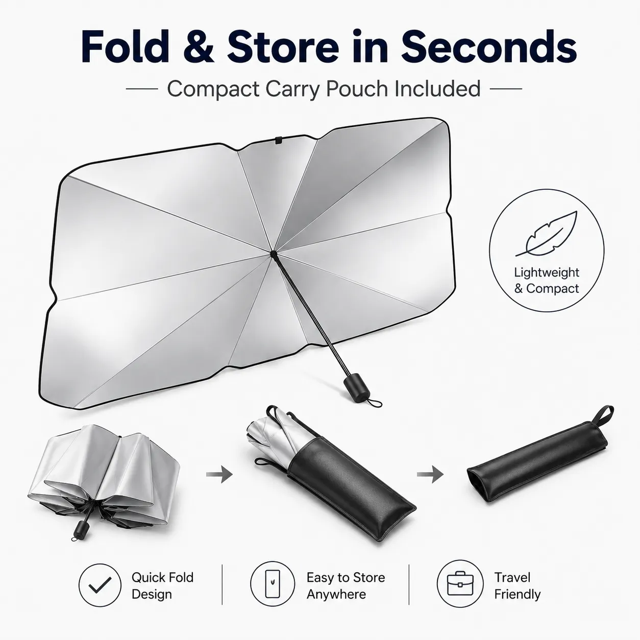 Foldable Windshield Sunshade with Storage Pouch, Silver