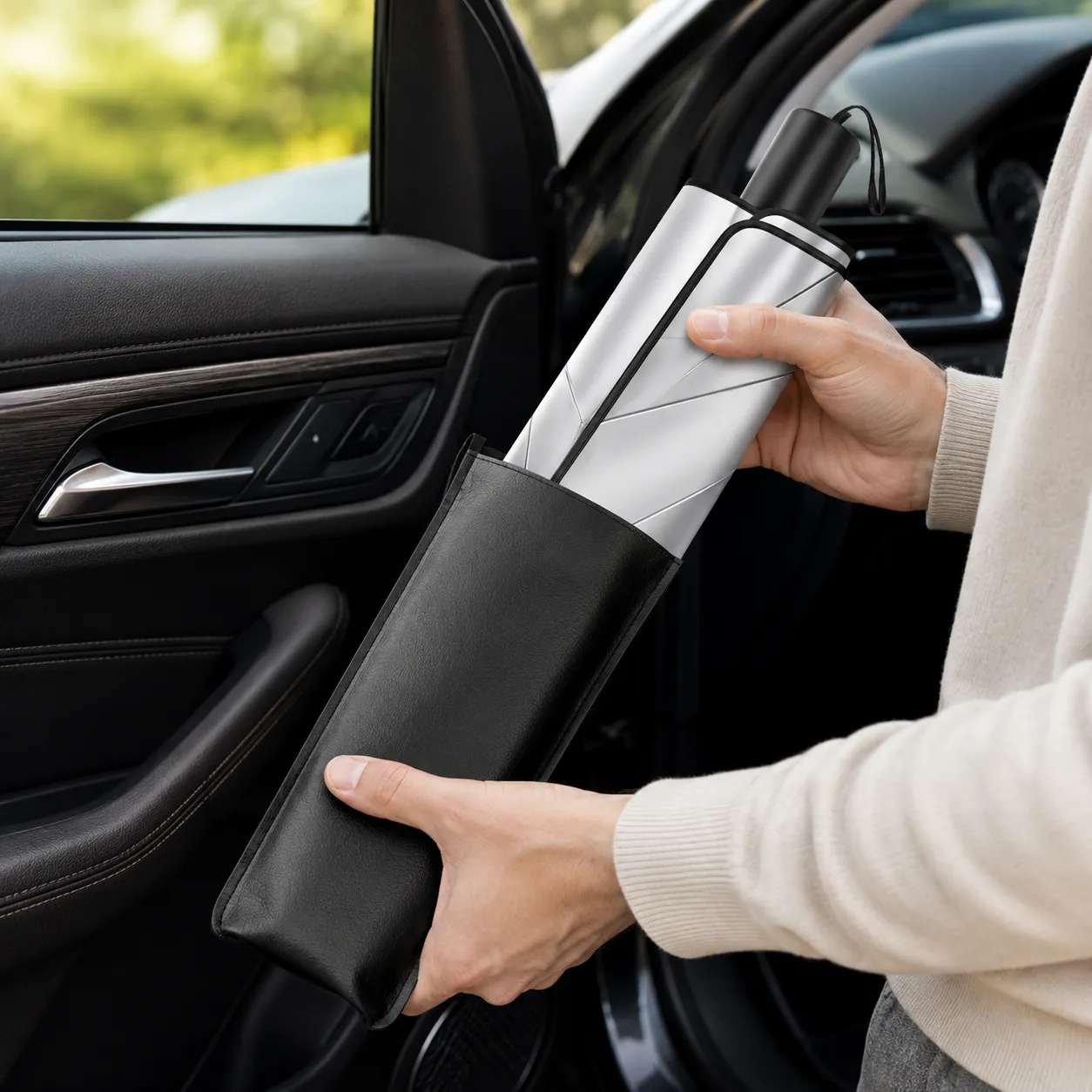 Foldable Windshield Sunshade with Storage Pouch, Silver